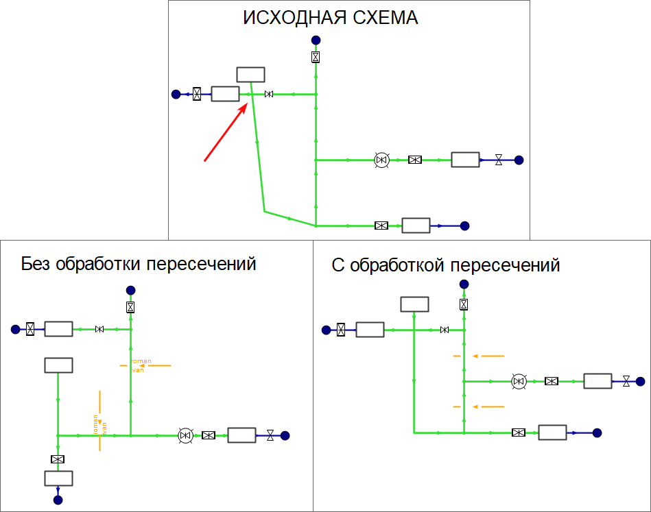 Построение схемы с опцией "Не обрабатывать пересечения"