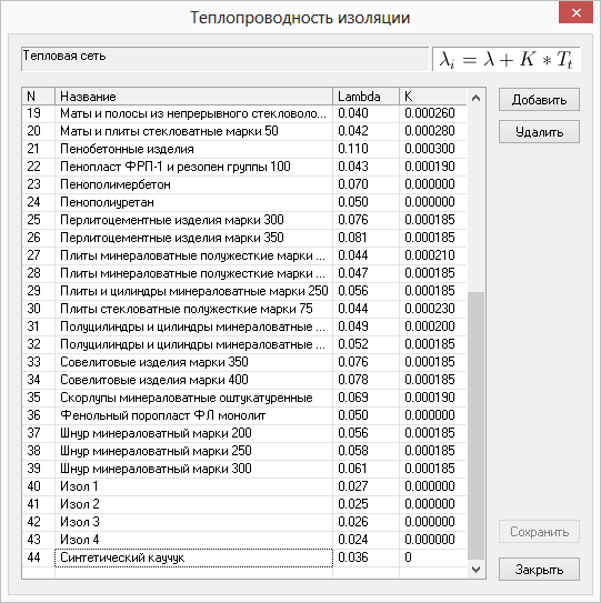 Окно «Теплопроводность изоляции»